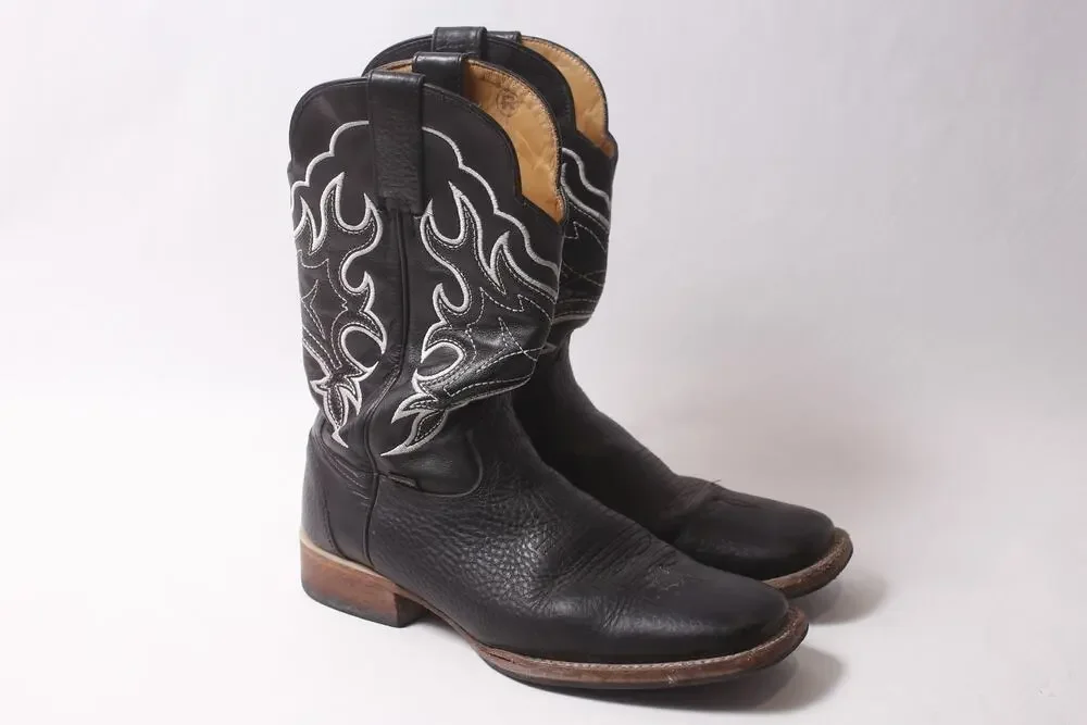 Reyme Men's Cowboy Boots 10-11 Black Leather White Embroidery ~ 260212-WH 972